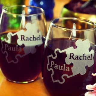 Engraved Puzzle Pieces Stemless Wine Glasses (Set of 2)